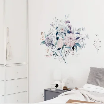 Vandens spalvos gėlės ir augalai sienų lipdukai miegamojo kambarį namo fone apdailos freskos nuimamas lipdukai, tapetai