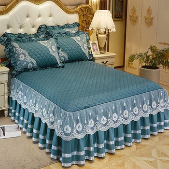 2021 naujas nėrinių krašto dygsniuotas lova skirted padengti minkšta lova lapas vientisos spalvos 3pcs lovatiesės čiužinys anti-dulkių dangtelis daugiafunkcė pasirinkimus