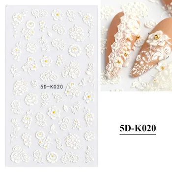 1 Lapas Baltas Įspaustu Gėlių Nėrinių 5D Lipdukas, Decal Vestuvių Nagų Dailės Dizaino Gėlių Drugelis Japonijos Manikiūro Dekoras