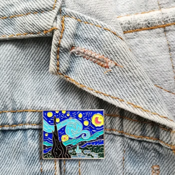 10vnt/Daug Animacinių filmų Aukso Van Gogh Aliejaus Tapybai Žvaigždėtą Sun Moon Emalio Sagės Papuošalai Ženklelis Noras Pin Moterų Užsakymą Dovana