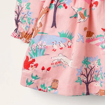 2021 Kūdikių Mergaičių Rudenį Suknelė ilgomis Rankovėmis Rausvos spalvos Drabužius, Elegantiškas, Gėlių, Gyvūnų Spalvinga Medvilnės Komforto Suknelė Vaikams