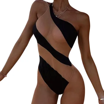 2021 Moterų Dryžuotas Akių Kontrasto Spalvų Siūlėmis Bikini Paplūdimys vientisas maudymosi kostiumėlis Vasaros Vieno Peties Kratinys