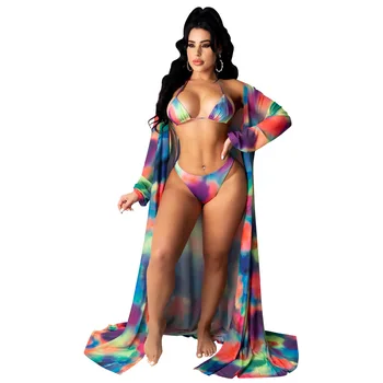 2021 Naujas spalvingas spausdinti 3PCS/SET paplūdimio seksualių moterų Bikini+ilgomis rankovėmis padengti iki maudymosi kostiumai padengti-ups, Chalatas De Plage