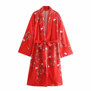 2021 Vasaros Gėlių Spausdinti Suknelė Moterims Juostinės ilgomis Rankovėmis Derliaus Atsitiktinis Mados Chic Lady Kimono Maxi suknelė Moterims