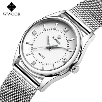 2021 WWOOR Moterų Laikrodžiai Top Brand Prabanga Atsitiktinis Suknelė Deimantas Kvarciniai Laikrodžiai Tinklelio Diržo Vandeniui Ponios Laikrodis Reloj Mujer