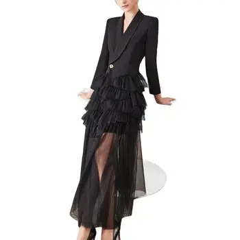 2021 m. Pavasarį Britų Stiliaus Šalies vakarinę Suknelę Moterų Tinklinio Susiuvimo Žr.-per Kostiumas Apykakle ilgomis Rankovėmis Suknelė, Švarkas