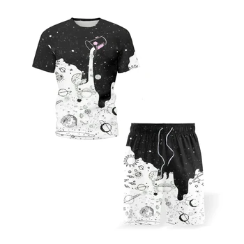 2021 m. vasarą naujas vyrų rinkiniai 3D spausdinimo pieno apvalios kaklo marškinėliai atsitiktinis sporto trumparankoviai veikia mados šortai kostiumas