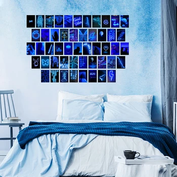 50PCS Mėlynas Neonas Estetinės Nuotraukos Sienų Koliažas Rinkinys Neon Blue Nuotraukų Kolekcijų Bendrabučio Decors už Estetinį Paaugliams, Moterims, Madingų