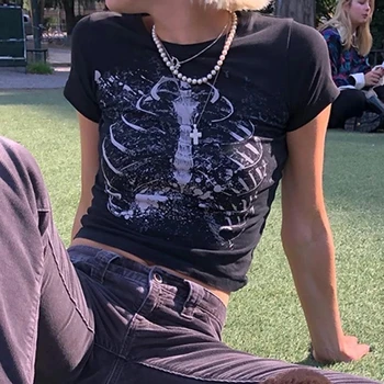 90-ųjų derliaus trumparankoviai marškinėliai moteriška gotikos Harajuku grunge grafinis spausdinti y2k estetinės Marškinėlius vasaros slim punk streetwear
