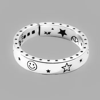 925 Sterling Silver Moon Stars Smile Smiley Atidarymo Žiedai Moterims, Romantiška Dovana Tailando Juoda Vintage Stiliaus Fine Jewelry