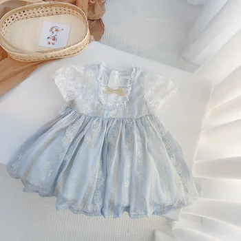 Baby Girl Princesė Suknelė Vasaros Sluoksniuotos Rankovėmis Aikštėje Apykaklės Aukštos Juosmens Siuvinėjimų Suknelės Vaikams, Kūdikio Gimtadienio Suknelė
