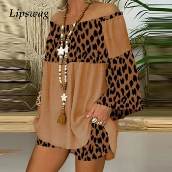 Derliaus Leopard Kratinys Moterims Dviejų dalių Komplektas Atsitiktinis Off Peties Viršūnės Ir Kelnės Homewear Elegantiškas Ponios 2021 M. Vasarą Streetwear