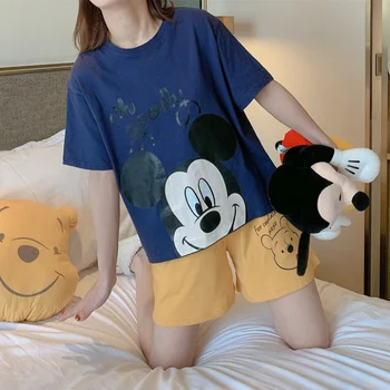 Disney Mickey Mouse Mielas Pižama Nustatyti Vasaros Ponios Trumpa Palaidinė ir Šortai Sleepwear Mikė Pūkuotukas Pižamos Mergina Nightwears Rinkinys