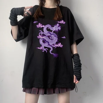 Dragon spausdinti woemn tshirts t-shirty damskie estetinės Negabaritinių ropa mujer Streetwear viršūnės T-shirt ulzzang Harajuku derliaus