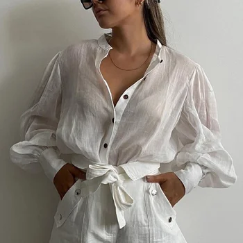 Elegantiška Vintage V-Kaklo, Medvilnės Palaidinė Marškinėliai Moterims Sluoksniuotos Rankovėmis Mygtuką Kietas Palaidinė Pavasario Lady Office Prarasti Viršūnes Blusa