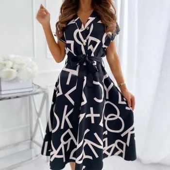Elegantiškas Laiškas Spausdinti Šalis Suknelė Moterų V-Kaklo-Line Suknelė 2021 M. Vasarą trumpomis Rankovėmis Nėriniai-up Juostinės Marškinėliai Suknelė Ponios Vestidos