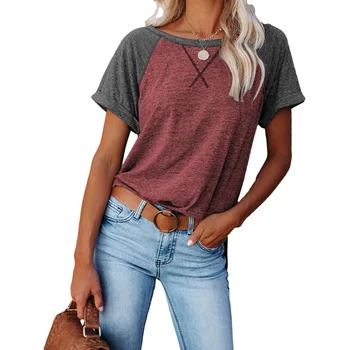 Europa ir Jungtinės amerikos valstijos naujas vasaros joker moterų kailio spalvų atitikimo kryžiaus prarasti laisvalaikio T-marškinėliai su trumpomis rankovėmis