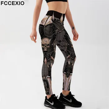 FCCEXIO Tamsoje Kaukolė 3D Spausdinimo Moterų Kelnes Push Up Veikia Sporto Antblauzdžiai Slim Kelnės Moteriškos Laisvalaikio Kelnės Fitness Antblauzdžiai