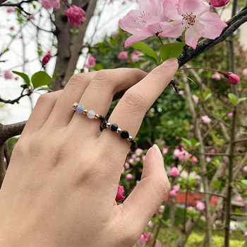 Handmake Natūralaus Akmens Žiedai Moterims, Klasikinės Juodos su Nerūdijančio Granulių Žiedas Opal Bluesand Rožinė Cystal Žiedų Rinkinys