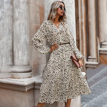 High Street-line V-kaklo Leopard Suknelė Elegantiškas Imperijos Vidurio blauzdos Ponios Frocks Moterų Atsitiktinis Mygtuką, Visas Rankovės Vintage Suknelė
