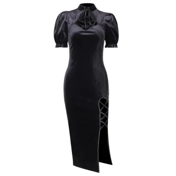 InsGoth Derliaus Elegantiška Juodo Aksomo Suknelė Moterims Harajuku Nėrinių Aukšto Juosmens Ritininės Suknelės Estetinės Slim Šalis Suknelė Cheongsam