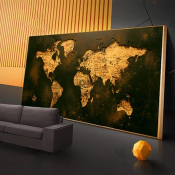 Juodojo Aukso Šiuolaikinio Meno Pasaulio Žemėlapio Vaizdą Klasikinio Stiliaus Drobės Abstrakčios Tapybos Freskos Šiuolaikinės Frameless Namų Puošybai