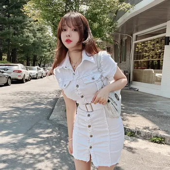 Korėjos 2021 m. Vasarą Naujos elastinės Baltos spalvos Plonas Mygtukai Diržo Karšto Seksualus Mini Marškinėliai Šalis Suknelė Elegantiška Moteris Džinsinio audinio Suknelės Derliaus 7MOZ