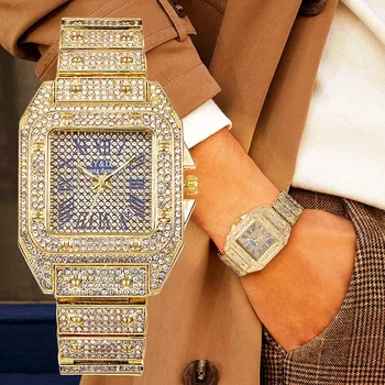 Laikrodžiai Vyrams, Moterims Luxury Hip-Hop Šalta Out Žiūrėti Aukso kalnų krištolas Kvarco Aikštės Laikrodį Relogio Masculino Groomsmen Reloj