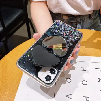 Meilė makiažo veidrodėliai Blizgučiai Bling Telefono dėklas Skirtas iPhone 12 11 Pro XR XS Max X 8 7 Plius 3D atramos Stovo Laikiklį Lizdas, Minkštas Viršelis
