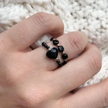 Momiji Handmake Natūralaus Akmens Žiedai Moterims, Klasikinės Juodos su Nerūdijančio Granulių Žiedas Opal Bluesand Rožinė Cystal Vestuvinis Žiedas