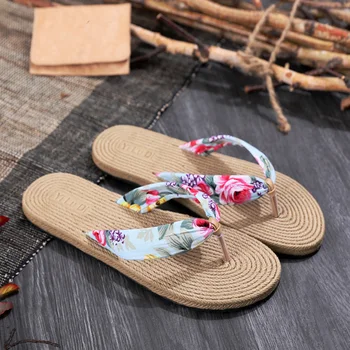 Moterų Batai Vasaros Gėlių Fifo Paplūdimio Sandalai Dirželius sandalai, Šlepetės Imitacija, kanapių virvė kelionės šlepetės butas-apačioje