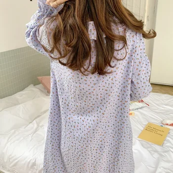 Moterų nightdress mažų gėlių spausdinti ilgomis rankovėmis nightgowns atsitiktinis palaidų peter pan apykaklės sleepdress medvilnės suknelė homewear