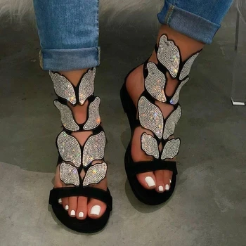 Moterų sandalai bling suquined medžiaga dirželio sagtis drugelis kristalų naujas vasaros moterų mados batai ponios plius dydžio basutės