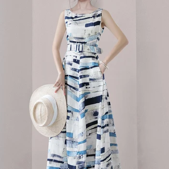 Nauja Ilga Suknelė Vasaros Moterų Mados Tvarstis Vidurio Blauzdos Rankovių Paplūdimio Spausdinimo Suknelė Linijos Suknelė Vestido Su Diržu