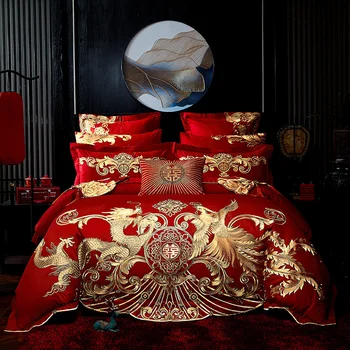 Nauja Raudona Prabanga Aukso Phoenix Loong Siuvinėjimo Kinijos Vestuvių Medvilnės Patalynės Komplektas Antklode Padengti paklode Lovatiesė pagalvių Užvalkalai