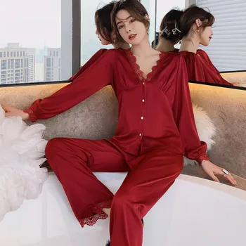 Net raudona pižama pavasarį ir vasarą viskozė chalatas moterų kostiumas palace stiliaus atsitiktinis namų drabužius, šilkiniai naktiniai marškiniai, pižamos pižamos moterims