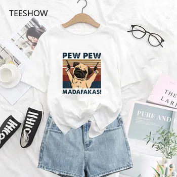 PEW PEW Madafakas t marškinėliai Moterims Drabužių Spausdinti atsitiktinis baltos viršūnės t-shirt Camiseta Mujer marškinėlius moterų mielas animacinių filmų tee