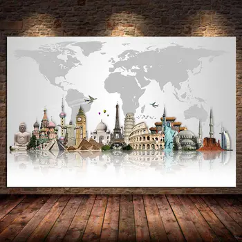 Pasaulyje Garsaus Statybos Menas, Plakatų Ir Grafikos Pasaulio Turistų Traukos Žemėlapį, Drobė, Tapyba, Modernus Sienos Menas Nuotraukas, Namų Dekoro