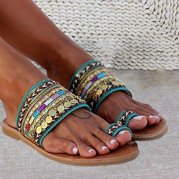 Ponios Sandalai Vasarą Atsitiktinis graikų Stiliaus moteriškos Šlepetės Etninės Minkštas Butas Kvėpuojantis priešslydžio Sistema Jaukus Paplūdimys Moterų Sandalai Žalia