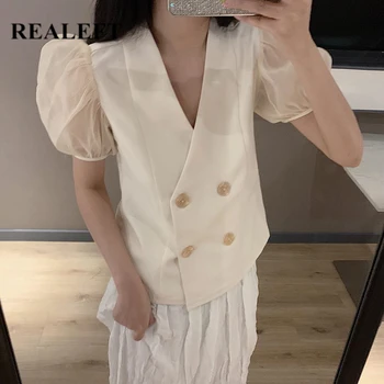 REALEFT 2020 Naują Atvykimo Burbulas Rankovėmis, moteriški Marškiniai, Elegantiškas korėjos Stiliaus V-Kaklo Dvigubo Breasted Atsitiktinis Palaidų Palaidinės Moteris