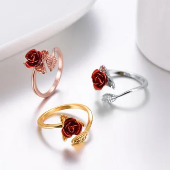 Raudona Rožė Sodo Gėlių, lieka Atviras Žiedas кольцо keičiamo dydžio Piršto Žiedai Moterų Valentino Dienos Dovana, Papuošalai