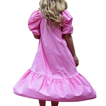 Retro Ilga Suknelė Moterims Kietas Hot Pink Susiėmę Trumpas Rankovės Kvadratinių Kaklo Prarasti Suknelė Rudenį Elegantiškas Inregular Suknelės Vestidos