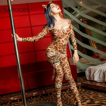 SAROOSY Nauja Seksuali Leopard Kūno Kojinę Moterų Atvira Tarpkojo Backless Išsamiai Catsuit ekrano užsklandą su Uodega apatinis Trikotažas Rinkinys