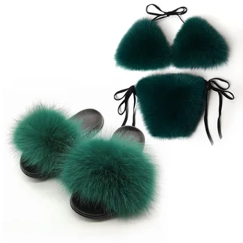 Seksualus Fox Fur Šlepetės Moterims Vasaros Furry Underwears Rinkiniai Ponios Fox Plaukų Liemenėlė ir Kelnės Moteriška EVA Namų Skaidrės