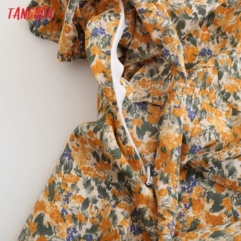 Tangada 2021 m. Vasarą Moterys Geltonos Gėlės Spausdinti prancūzų Stilių, Midi Suknelė, Trumpas Sluoksniuotos Rankovėmis Ponios Sundress 6L49