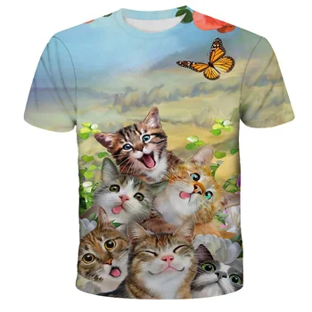 Vaikų 3D atspausdintas trumparankoviai katė T-shirt, gėlių spausdinti poliesteris marškinėliai, merginos 4-14 metų amžiaus
