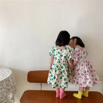 Vasaros 2021 mielas mergaičių gėlėti trumpomis rankovėmis suknelės korėjos stiliaus vaikams Aikštėje Apykaklės princesė suknelė drabužius