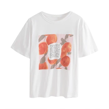 Vasaros Mados T-Marškinėliai Moterims 2021 Naują Atsitiktinis Paprasta Prarasti Saldus Spausdinimo Trumpomis Rankovėmis Mergaitėms, O-Kaklo Minkštųjų Orange Ins Viršūnes Tee