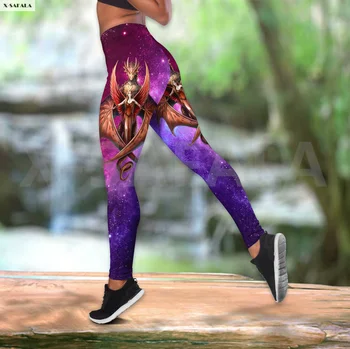 Violetinė Gotikos Dragon Kampą Dviejų dalių Jogos Rinkinį Moterims 3D Spausdinimo Vest Tuščiaviduriai Iš Bako Viršuje Aukšto Juosmens Legging Vasaros Laisvalaikio Sportas