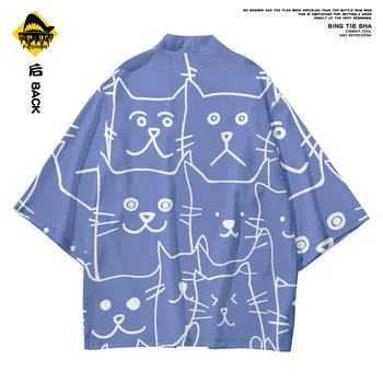 Vyrų Mados Kimono Marškiniai Ir Kelnės Kombinezonas Streetwear Mėlyna Spausdinimo Japonų Kimono Haori Yukata Cosplay Cardigan Paltai